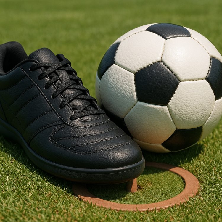 Chaussure de football noire et ballon de football noir et blanc sur l'herbe près d'un trou de golf.