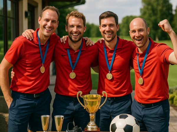 Quatre hommes en polos rouges avec médailles posent derrière une table avec trophées et ballon de football.