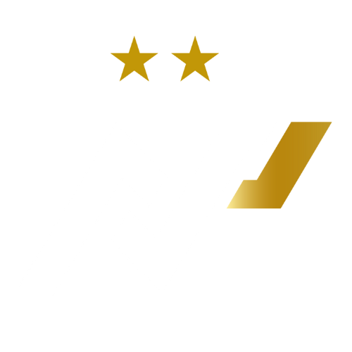 Logo blanc en forme de N stylisé avec un accent et deux étoiles dorées au-dessus.