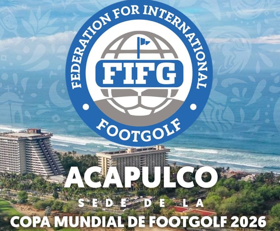 Logo de la Fédération Internationale de Footgolf et annonce d'Acapulco comme hôte de la Coupe du Monde 2026.